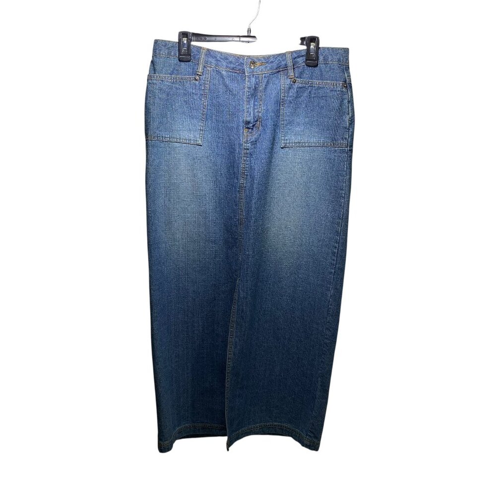 Y2K 90s Vintage Denim Maxi Western Boho Rodeo Long Skirt Women 11 Front Slit Zip